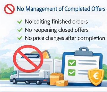 Илюстрация, показваща че шофьорите не могат да редактират или отварят отново приключени транспортни оферти в платформата ExusTrans